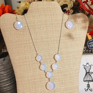 925 handmade genuine opalite SET earrings & lariat necklace Stainless Steel